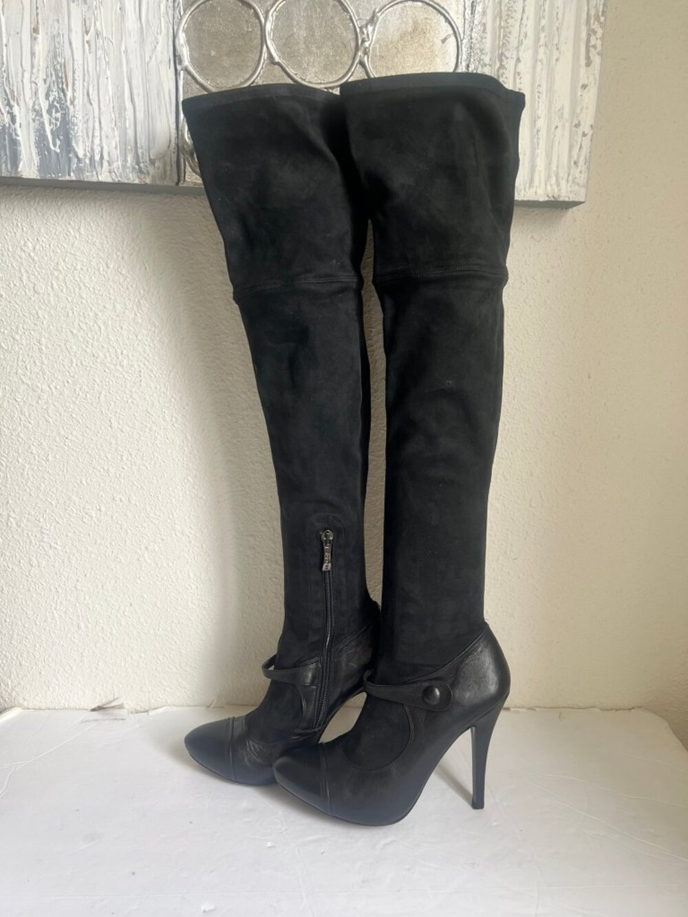 VINTAGE EL DANTES THIGH HIGH LEATHER SUEDE HIDDEN PLATFORM BOOTS SZ 37 / 7 US - Picture 5 of 9